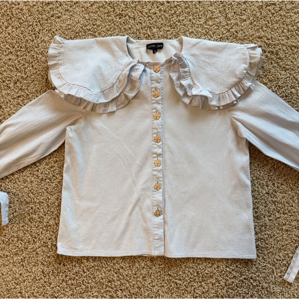 Sister Jane Women's Puritan Collar Blouse Ruffles Rhinestone Floral Buttons - Picture 2 of 15